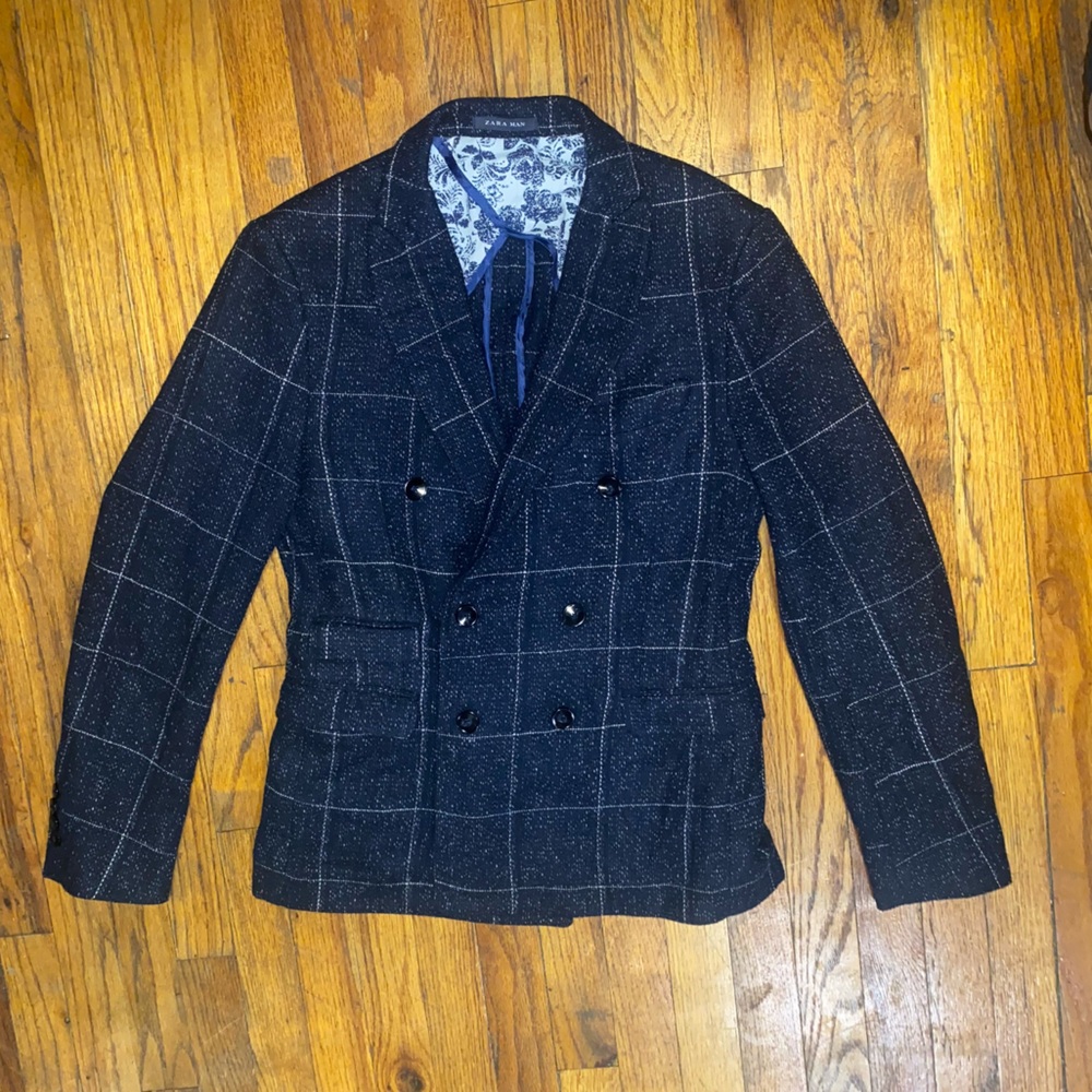 Zara Navy Grid Double Breasted Blazer